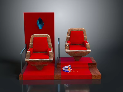 Elegant Ceremonial Chair Setup With Red Seats Wooden Armrests Red Carpet And Backdrop 3d model