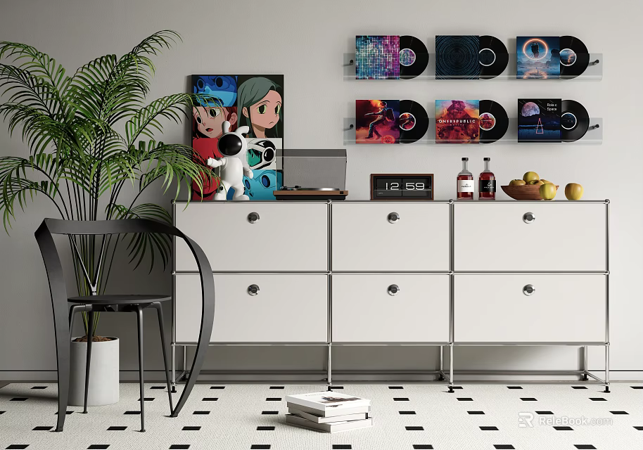 Modern Headphones Speakers With Vinyl Records Display On White Cabinet In Living Room With Plant 3d model 