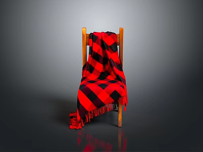 Wooden Chair Draped With Red And Black Checkered Blanket On Gray Background With Reflective Floor 3d model