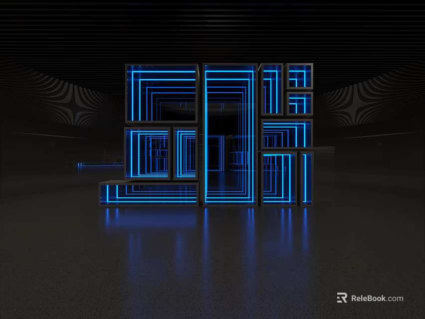 Modern Photo Spot With Illuminated Blue Geometric Frames And Reflective Floor 3d model 