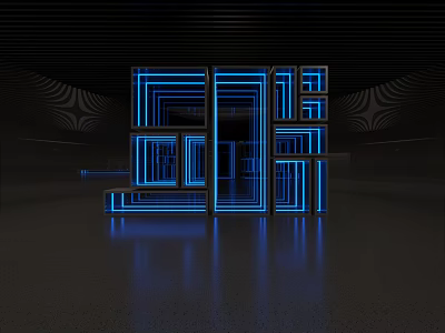 Modern Photo Spot With Illuminated Blue Geometric Frames And Reflective Floor 3d model