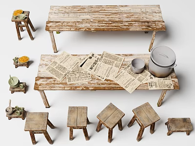 Rustic Wooden Dining Table Set With Stools Newspaper Decor And Containers 3d model