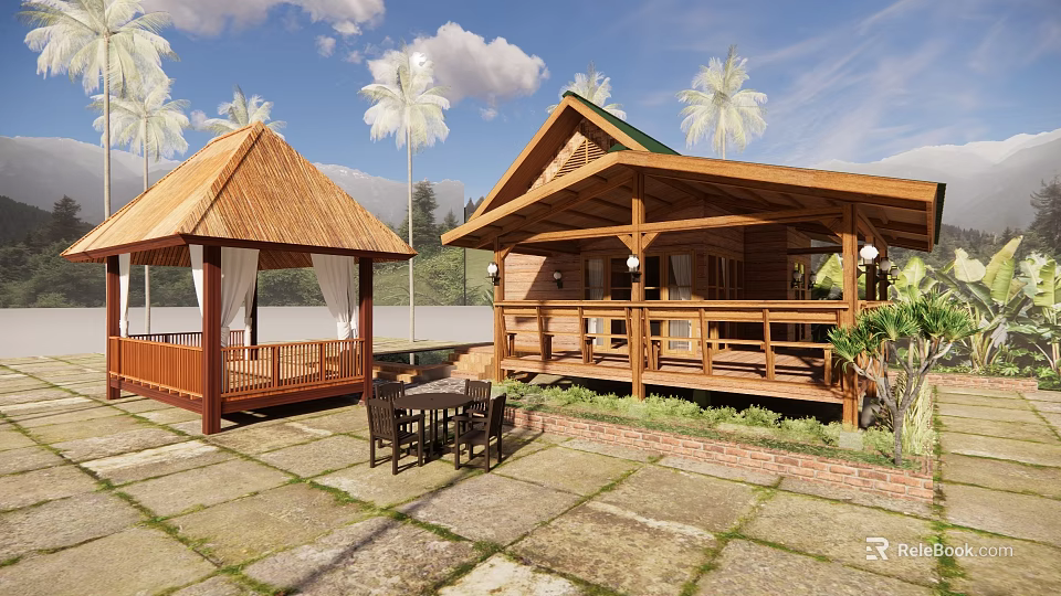 Wooden House with Veranda Gazebo Palm Trees and Stone Paved Patio Near Water and Mountains 3d model 