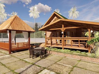 Wooden House with Veranda Gazebo Palm Trees and Stone Paved Patio Near Water and Mountains 3d model