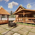 Wooden House with Veranda Gazebo Palm Trees and Stone Paved Patio Near Water and Mountains