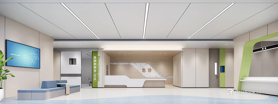 Modern Emergency Medicine Department Waiting Area With Reception Desk And Signage 3d model 