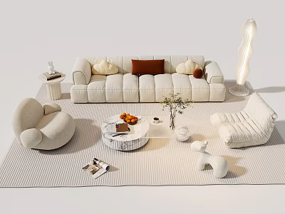 Modern Living Room Sofa And Coffee Table Set With Pillows Armchair And Striped Rug 3d model