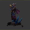 Fantasy Warrior Character With Ornate Armor Glowing Blue Weapon And Ice Creature On Stone Pedestal