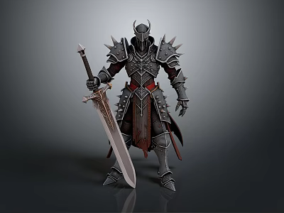 Medieval Armored Warrior With Spiked Armor Horned Helmet And Long Sword 3d model