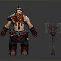 3D Model Of Shirtless Muscular Bearded Man With Orange Hair Feather Headdress And Large Hammer