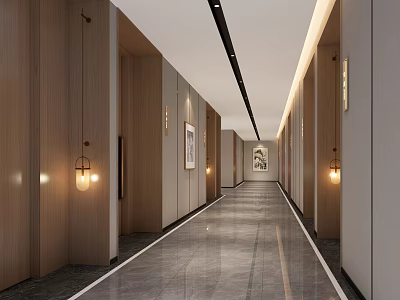 Modern Hotel Corridor Interior With Wooden Walls Hanging Lights Sleek Floor And Decorative Paintings 3d model