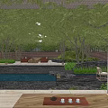 Tranquil Garden Landscape With Lush Trees Water Pond And Cozy Seating Area