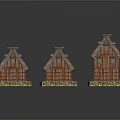 Three Traditional Wooden Houses with Thatched Roofs and Wooden Structure Surrounded by Green Grass Borders