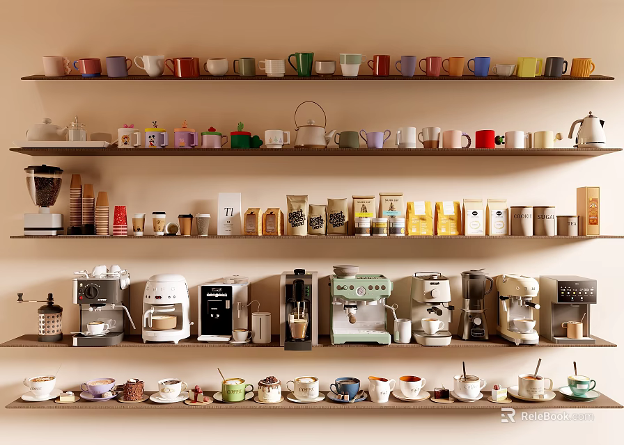 Organized Kitchen Shelves With Colorful Cups Coffee Makers Jars And Tea Sets 3d model 