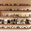 Organized Kitchen Shelves With Colorful Cups Coffee Makers Jars And Tea Sets