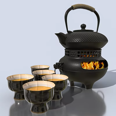 Traditional Black Iron Tea Set with Teapot Stove Flames and Gold Edge Teacups 3d model