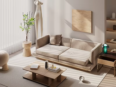 Sunlit Modern Living Room With Beige Sofa Coffee Table Green Plant And Wall Art 3d model