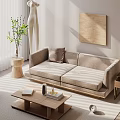 Sunlit Modern Living Room With Beige Sofa Coffee Table Green Plant And Wall Art