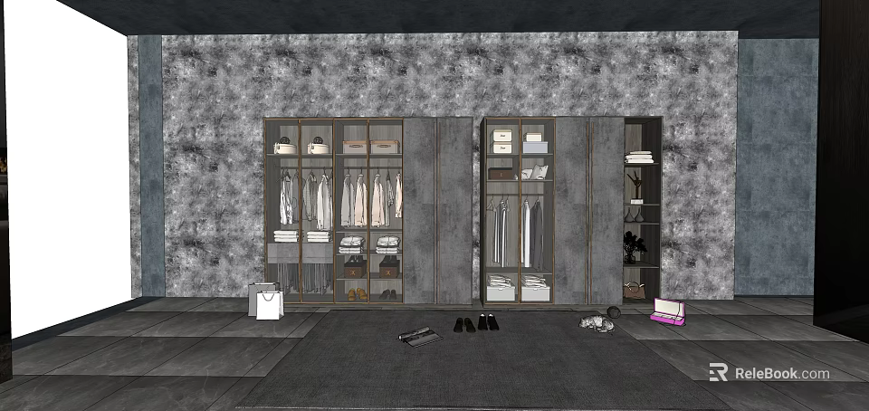 Modern Wardrobe With Hanging Folded Clothes Shoes Storage Boxes And Plants 3d model 