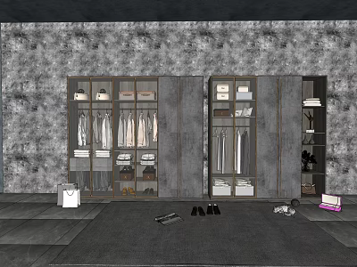 Modern Wardrobe With Hanging Folded Clothes Shoes Storage Boxes And Plants 3d model