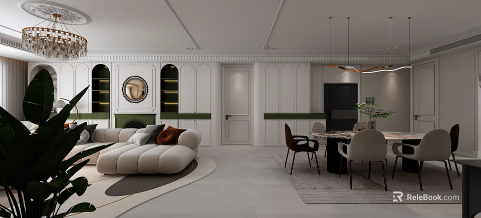 Modern Light French Living And Dining Room Design With Comfortable Sofa And Exquisite Dining Sets 3d model 