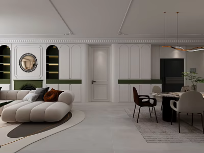 Modern Light French Living And Dining Room Design With Comfortable Sofa And Exquisite Dining Sets 3d model