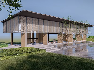 Modern Outdoor Pergola With Wooden Lattice Design And Garden Water Feature 3d model
