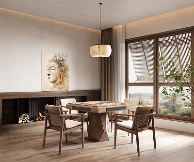 Modern Entertainment Room With Mahjong Table Cozy Chairs Artwork And Natural Light 3d model