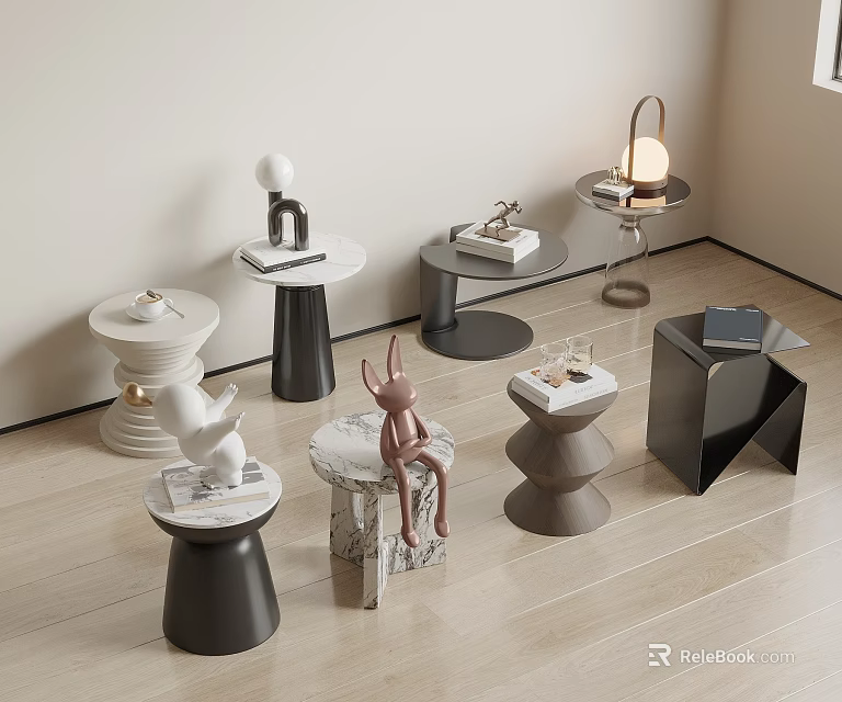 Modern Stylish Side Tables Featuring Unique Shapes Marble Tops And Decorative Items 3d model