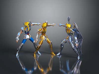Anime Saint Seiya Action Figures in Gold Silver Blue Armor Poses 3d model
