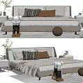 Modern Double Bed Setup With Striped Brown Pillows Nightstands And Decorative Items 3d model