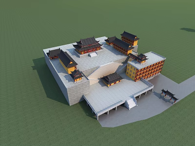 Ancient Chinese Architectural Complex With Traditional Tiered Roofs And Courtyard Layout 3d model