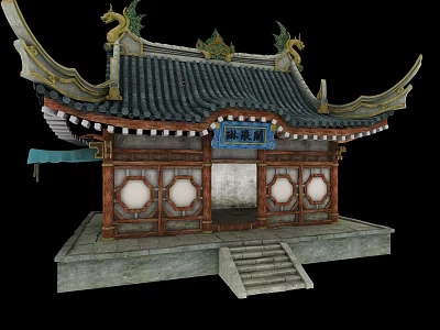 Cartoon Traditional Chinese Pavilion With Dragon Decorations Curved Roof Round Windows And Stone Steps 3d model
