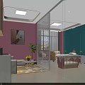 Pink And Blue Room Interior With Sofa Coffee Table Bed Partition Plant And Painting