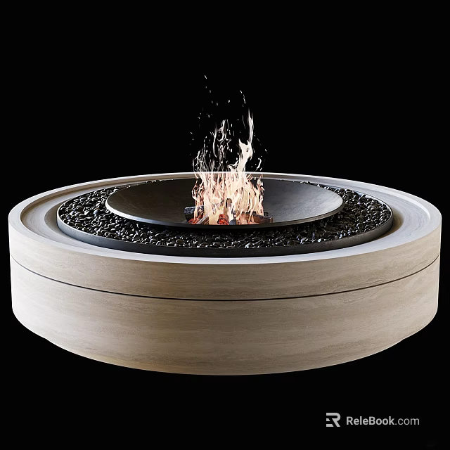 Round Wooden Fireplace With Burning Flames And Black Pebble Interior 3d model 