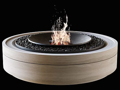 Round Wooden Fireplace With Burning Flames And Black Pebble Interior 3d model