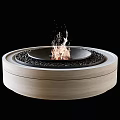 Round Wooden Fireplace With Burning Flames And Black Pebble Interior