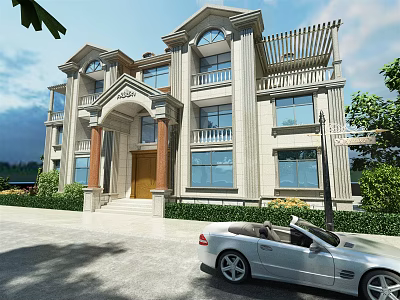 Elegant Detached Villa Exterior With Porch Columns Greenery And Convertible Car 3d model