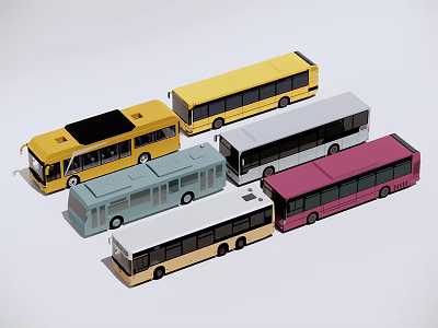 Colorful Bus Models In Multiple Colors Arranged Together On White Background 3d model