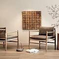Modern Lounge Chairs with Wooden Frame and Woven Design Accent Wall Art and Branch Vase