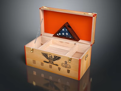 Open Wooden Box with Orange Lining Triangle Star Emblem Eagle Design and Badges 3d model