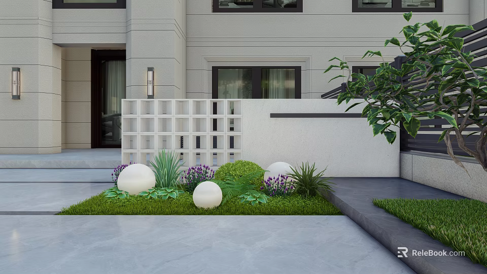 Modern Front Garden With Green Lawn Decorative White Balls Lush Plants And Grid Fence 3d model 