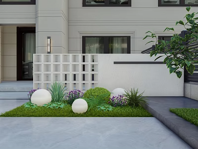 Modern Front Garden With Green Lawn Decorative White Balls Lush Plants And Grid Fence 3d model
