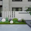 Modern Front Garden With Green Lawn Decorative White Balls Lush Plants And Grid Fence