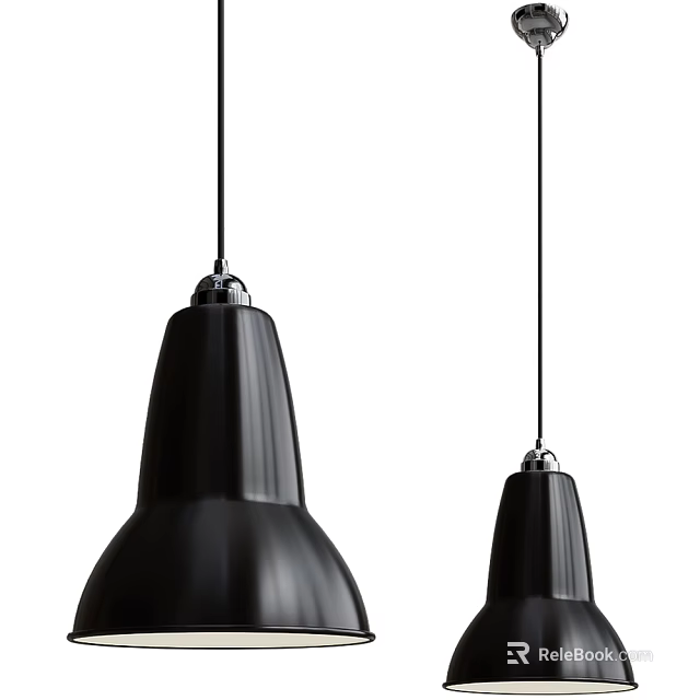 Two Modern Black Pendant Lights With Sleek Design And Silver Top Hanging From Ceiling 3d model 