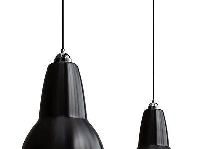 Two Modern Black Pendant Lights With Sleek Design And Silver Top Hanging From Ceiling 3d model