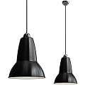 Two Modern Black Pendant Lights With Sleek Design And Silver Top Hanging From Ceiling