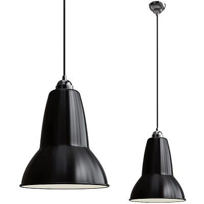 Two Modern Black Pendant Lights With Sleek Design And Silver Top Hanging From Ceiling 3d model