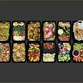 Display Shelves Featuring Organized Black Food Containers With Various Meals Vegetables Meat And Rice
