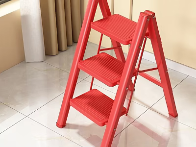 Sturdy Red Three Step Ladder Ideal For Indoor Home Use With Safe Non Slip Steps 3d model